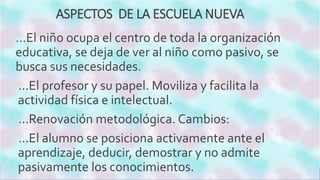 ASPECTOS DE LA ESCUELA NUEVA
…El niño ocupa el centro de toda la organización
educativa, se deja de ver al niño como pasivo, se
busca sus necesidades.
...El profesor y su papel. Moviliza y facilita la
actividad física e intelectual.
...Renovación metodológica. Cambios:
...El alumno se posiciona activamente ante el
aprendizaje, deducir, demostrar y no admite
pasivamente los conocimientos.
 