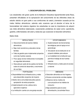 1. DESCRIPCIÓN DEL PROBLEMA 
Los estudiantes del grado quinto de la Institución Educativa Agroambiental santa Rosa, 
presentan dificultades en la apropiación del conocimiento de las diferentes áreas de 
estudio debido en gran parte a sus condiciones de salud y bienestar causada por los 
malos hábitos alimenticios, además esto ocasiona que al abordar el tema de la 
funcionalidad del sistema digestivo los estudiantes no vean la importancia de adquirir 
una dieta alimenticia balanceada, ocasionando problemas de salud como: apendicitis, 
gastritis, enfermedades del colon y todas las que ocasionan el desorden alimenticio 
Matriz Dofa 
DIFICULTADES 
 Desconocimiento de buenos hábitos 
alimenticios 
 Bajo nivel económico y educativo de las 
familias 
 Falta de gestión para implementar proyectos 
como las huertas caseras 
 Poco apoyo de las instituciones municipales 
en seguridad alimentaria 
 Descuido por parte de los padres de familia 
sobre el control de desarrollo y crecimiento 
de sus hijos 
OPORTUNIDADES 
 Implementación de herramientas 
tecnológicas para el apoyo en el 
aprendizaje 
 Vinculación de la institución en el 
proyecto tabletas para educar 
 La modalidad de la institución que 
permite el trabajo de las huertas 
caseras 
 Infraestructura y redes para el acceso 
a internet 
FORTALEZAS 
 Disponibilidad de la infraestructura y redes 
para desarrollar proyectos de impacto 
 Interés de la comunidad educativa para la 
apropiación de estos proyectos 
 Implementación en los cultivos de la 
agricultura orgánica 
 La institución cuenta con una granja escolar 
AMENAZAS 
 Desorden alimenticio en los hogares 
 Exceso comercial de comidas rápidas 
 Influencia de los medios de 
comunicación en los hábitos de 
consumo 
 Baja autoestima para la sana 
alimentación y la actividad física 
 