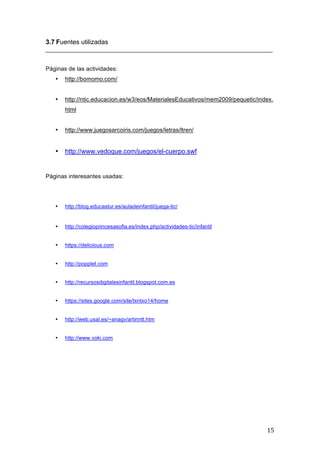 3.7 Fuentes utilizadas
_____________________________________________________________________
Páginas de las actividades:
•

http://bomomo.com/

•

http://ntic.educacion.es/w3/eos/MaterialesEducativos/mem2009/pequetic/index.
html

•

http://www.juegosarcoiris.com/juegos/letras/ltren/

•

http://www.vedoque.com/juegos/el-cuerpo.swf

Páginas interesantes usadas:

•

http://blog.educastur.es/auladeinfantil/juega-tic/

	
  
•

•

https://delicious.com

•

http://popplet.com

•

http://recursosdigitalesinfantil.blogspot.com.es

•

https://sites.google.com/site/txntxo14/home

•

http://web.usal.es/~anagv/artinntt.htm

•

	
  

http://colegioprincesasofia.es/index.php/actividades-tic/infantil

http://www.voki.com

15	
  

 