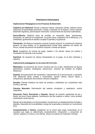 PROPUESTA PEDAGOGICA

Implicaciones Pedagógicas en los Procesos de Desarrollo.

Cognitivo y/o Intelectual. Pensar y repensar valores, introyectar valores, obtener nuevos
esquemas de aprendizaje psicomotor, manejo y ubicación en el espacio, control corporal,
desarrollo lingüístico, pronunciación entonación. Conocimiento de nociones matemáticas.

Socio-Afectivo. Reafirma lazos de amistad, se comportan ideas, sentimientos,
emociones, se estimula la cooperación, la ayuda mutua, aceptación de la diferencia, y la
solidaridad; igualmente se enseña a aceptar la perdida y la ganancia.

Psicomotor. Se afianza el esquema corporal el ajuste corporal, la coordinación dinámica
general, se hace énfasis, en el desplazamiento frontal hacia adelante con flexión de
tronco, manejo de posición de equilibrio corporal y manejo de apoyos.

Moral. Aceptación de normas de juego, respeto a los demás, actuar con justicia y
honestidad. Se aprende a ser honesto.

Espiritual. Se proyecta los valores introyectados en el juego, en el bien individual y
colectivo.

Implicaciones pedagógicas en las áreas del Currículo.

Matemática. Conocimiento del circulo numérico del uno al diez, identificación de figuras
geométricas (cuadros, rectángulos, semicírculo), nociones de medidas de longitud
(distancia).

Español. Enriquecimiento del vocabulario, mejoramiento de la pronunciación y expresión
oral; diferenciar letras vocales y consonantes, escribir valores, lectura rápida y
comprensiva, ejercitación de la lectura, refuerzo ortográfico.

Sociales. Permite fortalecer los lazos de amistad y solidaridad con compañeros ante
triunfos y derrotas.

Ciencias Naturales. Estimulación del sistema circulatorio y respiratorio, control
respiratorio.

Educación Física, Recreación y Deporte. Manejo de posición equilibrada de pie y
flexión de tronco hacia adelante, coordinación del tren superior e inferior, como también
coordinación oculo-manual.

Manejo de la lateralidad y la direccionalidad. Coordinación en desplazamientos frontales y
laterales. Desarrollo de la sensibilidad, manejo de la gravedad y precisión en movimientos
finos.

Comportamiento y Valores. Aceptación de la norma para luego comportarse en la
sociedad que exige un determinado comportamiento, introyección, y proyección de
valores, respeto a si mismo y a los demás, actuar con justicia ser imparcial y honesto.
 