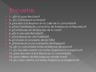    1-. ¿En tu casa Reciclan?
   2-. ¿Tu Comunidad es limpia?
   3-.¿Ayudas a la limpieza en la calle de tu comunidad?
   4-.¿Tines Familiares en campañas de limpieza en la Republica?
   5-.¿Contribuyes en el reciclaje de tu casa?
   6-.¿En tu escuela Reciclan?
   7-.¿Tiras Basura en vías Publicas?
   8-.¿Conoses el concepto de las 3 Rs?
   9-.¿Perteneces a una campaña de limpieza?
   10-.¿En tu comunidad ávido problemas de basura?
   11-.¿Tu Escuela cuenta con botes Orgánicos e Inorgánicos?
   12-.¿Hay Sanción al tirar Basura en tu comunidad?
   13-.¿Hay talleres de Reciclaje por donde vives?
   14-.¿Tu casa cuenta con botes Orgánicos e Inorgánicos?
 