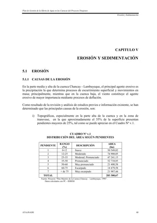 Plan de Gestión de la Oferta de Agua en las Cuencas del Proyecto Tinajones
Erosión y Sedimentación
ATA-INADE 40
CAPITULO V
EROSIÓN Y SEDIMENTACIÓN
5.1 EROSIÓN
5.1.1 CAUSAS DE LA EROSIÓN
En la parte media y alta de la cuenca Chancay - Lambayeque, el principal agente erosivo es
la precipitación la que determina procesos de escurrimiento superficial y movimientos en
masa; principalmente, mientras que en la cuenca baja, el viento constituye el agente
erosivo de mayor importancia mediante procesos de deflación.
Como resultado de la revisión y análisis de estudios previos e información existente, se han
determinado que las principales causas de la erosión, son:
i) Topográficas, especialmente en la parte alta de la cuenca y en la zona de
transvase, en la que aproximadamente el 55% de la superficie presentan
pendientes mayores de 25%, tal como se puede apreciar en el Cuadro Nº v.1.
CUADRO Nº v.1
DISTRIBUCIÓN DEL ÀREA SEGÚN PENDIENTES
PENDIENTE
RANGO
(%)
DESCRIPCIÒN
AREA
(ha)
1 0-12 Suave 50 549,02
2 12-25 Moderado 74 908,05
3 25-35 Moderad. Pronunciado 47 241,15
4 35-50 Pronunciado 52 734,85
5 50-60 Muy pronunciado 21 400,58
6 60-75 Escarpado 14 479,58
7 + de 75 Muy escarpado 21 987,44
TOTAL 283 300,67
Fuente: Proyecto “Plan Maestro de la Cuenca Chancay – Lambayeque, 1996”.
Datos calculados con PC - IDIRISI
 