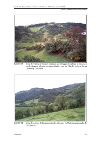 Gestión de la Oferta de Agua en las Cuencas de los Proyectos Hidráulicos de Costa del INADE
Erosión y Sedimentación del Proyecto Tinajones
ATA-INADE A-8
Foto Nº 13 Vista de relictos de bosques naturales que protegen al suelo de la erosión, se
puede observar algunos sectores talados, zona de Chetilla cuenca alta de
Chotano y Conchano
Foto Nº 14 Vista de relictos de bosques naturales ubicados en Quilcate, cuenca alta del
río Chancay
 