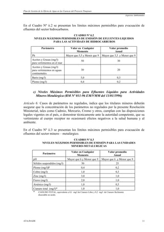 Plan de Gestión de la Oferta de Agua en las Cuencas del Proyecto Tinajones
Aspectos Ambientales
ATA-INADE 11
En el Cuadro Nº ii.2 se presentan los límites máximos permisibles para evacuación de
efluentes del sector hidrocarburos.
CUADRO Nº ii.2
NIVELES MÁXIMOS PERMISIBLES DE EMISIÓN DE EFLUENTES LIQUIDOS
PARA LAS ACTIVIDAES DE HIDROCARBUROS
Parámetro Valor en Cualquier
Momento
Valor promedio
Anual
Ph Mayor que 5,5 y Menor que 9 Mayor que 5,5 y Menor que 9
Aceites y Grasas (mg/l)
para vertimientos en el mar
50 30
Aceites y Grasas (mg/l)
para vertimientos en aguas
continentales
30 20
Bario (mg/l) 5,0 0,3
Plomo (mg/l) 0,4 0,2
c) Niveles Máximos Permisibles para Efluentes Líquidos para Actividades
Minero-Metalúrgica (RM Nº 011-96 EM/VMM del 13/01/1996)
Artículo 6: Casos de parámetros no regulados, indica que los titulares mineros deberán
asegurar que la concentración de los parámetros no regulados por la presente Resolución
Ministerial, tales como Cadmio, Mercurio, Cromo y otros, cumplan con las disposiciones
legales vigentes en el país, o demostrar técnicamente ante la autoridad competente, que su
vertimiento al cuerpo receptor no ocasionará efectos negativos a la salud humana y al
ambiente.
En el Cuadro Nº ii.3 se presentan los límites máximos permisibles para evacuación de
efluentes del sector minero – metalúrgico.
CUADRO Nº ii.3
NIVELES MÁXIMOS PERMISIBLES DE EMISIÓN PARA LAS UNIDADES
MINERO-METALURGICAS
Parámetro
Valor en Cualquier
Momento
Valor promedio
Anual
pH Mayor que 6 y Menor que 9 Mayor que 6 y Menor que 9
Sólidos suspendidos (mg/l) 50 25
Plomo (mg/l)P 0,4 0,2
Cobre (mg/l) 1,0 0,3
Zinc (mg/l) 3,0 1,0
Fierro (mg/l) 2,0 1,0
Arsénico (mg/l) 1,0 0,5
Cianuro total (mg/l)* 1,0 1,0
* CIANURO TOTAL, equivalente a 0,1 mg/l de Cianuro Libre y 0,2 mg/l de Cianuro fácilmente
disociable en ácido.
 