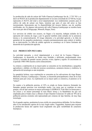 Plan de Gestión de la Oferta de Agua en las Cuencas del Proyecto Tinajones
Erosión y Sedimentación
ATA-INADE 37
La producción de caña de azúcar del Valle Chancay-Lambayeque fue de 2 755 765 t, es
decir un 89,82% de la producción departamental en un área cosechada de 22 920 ha, la que
representa el 20,51% del total a nivel departamental. Los rendimientos actuales para el
cultivo de caña de azúcar son bajos, mientras que para el caso del arroz se han
incrementado, básicamente por la disponibilidad del recurso hídrico, uso de semillas
certificadas, etc. En algunos sub-sectores del valle Chancay-Lambayeque se siembra hasta
dos veces por año (Chongoyape, Monsefú, Reque, Eten).
Los servicios de crédito son escasos, no llegan a la mayoría, trabajan aislados de la
operación del sistema de riego y por lo general también están aislados de la asistencia
técnica y la comercialización. El riesgo inherente a la actividad agrícola y la falta de
garantías de los pequeños productores, conspira permanentemente para reducir el ámbito
de su intervención. La falta de crédito agrícola se constituye en el factor limitante del
desarrollo de la producción agrícola.
4.2.2 PRODUCCIÓN PECUARIA
La actividad pecuaria, a nivel departamental y a nivel de la Cuenca Chancay -
Lambayeque, se desarrolla en forma muy limitada y deficiente, predominando razas
criollas y cruzadas de ganado vacuno, porcino, ovino, caprino y equino. El crecimiento en
el período 1980-1986 muestra cierto estancamiento.
La crianza y explotación en su mayor parte se concentra en los minifundistas y pequeños
agricultores y debido a la falta de recursos económicos, asistencia técnica y crediticia, la
aplicación de tecnología es aún incipiente.
La ganadería lechera, cuya explotación se concentra en los sub-sectores de riego Reque,
Monsefú, Chiclayo, Lambayeque y Túcume, se desarrolla principalmente a base de la raza
Holstein pura por cruce. La explotación en su mayor parte es extensiva, el pastoreo es la
"estaca".
En cuanto a la población porcina, el 22% es criada en forma intensiva formando las
llamadas granjas porcinas con tecnología media. Las razas que se explotan en estas
granjas, son de tipo carnicas en mayor porcentaje LANDRACE York Shiri en forma pura y
sus cruces y en menor porcentaje la raza Duroc Jersey y la Hambshere las que son
empleadas para el triple cruce y obtener el tipo Chancho Comercial. El saldo de 78% de la
población porcina existente está representado por crianzas de tipo familiar, de muy baja
tecnología.
En el ganado caprino, predomina la raza criolla sin características definidas. En los últimos
años se ha introducido caprino de la raza Anglo nubio, Toggembar, Saamen para mejorar
la producción láctea del caprino local originando una gran variabilidad de caracteres
fenotípicos.
 