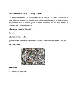 Problemas de simulación concreta y abstracta
Un cliente quiere llegar a la empresa Kennet C.A. a pagar una deuda. Camina por la
calle Ayacucho paralela a la calle Boyaca ; continua caminando por la calle sucre.que
es perpendicular a la Boyaca .¿Esta la cliente caminando por una calle paralela o
perpendicular a la calle Ayacucho?
¿De que se trata el problema ?
De calles
¿Cuales es la pregunta?
¿Esta la cliente caminando por una calle paralela o perpendicular a la calle Ayacucho?
Reprecentacion:

Respuesta:
Por la calle perpendicular .

 