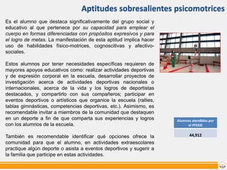 Aptitudes sobresalientes psicomotrices
Es el alumno que destaca significativamente del grupo social y
educativo al que pertenece por su capacidad para emplear el
cuerpo en formas diferenciadas con propósitos expresivos y para
el logro de metas. La manifestación de esta aptitud implica hacer
uso de habilidades físico-motrices, cognoscitivas y afectivosociales.
Estos alumnos por tener necesidades específicas requieren de
mayores apoyos educativos como: realizar actividades deportivas
y de expresión corporal en la escuela, desarrollar proyectos de
investigación acerca de actividades deportivas nacionales o
internacionales, acerca de la vida y los logros de deportistas
destacados, y compartirlo con sus compañeros; participar en
eventos deportivos o artísticos que organice la escuela (rallies,
tablas gimnásticas, competencias deportivas, etc.). Asimismo, es
recomendable invitar a miembros de la comunidad que destaquen
en un deporte a fin de que comparta sus experiencias y logros
con los alumnos de la escuela.
También es recomendable identificar qué opciones ofrece la
comunidad para que el alumno, en actividades extraescolares
practique algún deporte o asista a eventos deportivos y sugerir a
la familia que participe en estas actividades.

Alumnos atendidos por
el PFEEIE

44,912

 