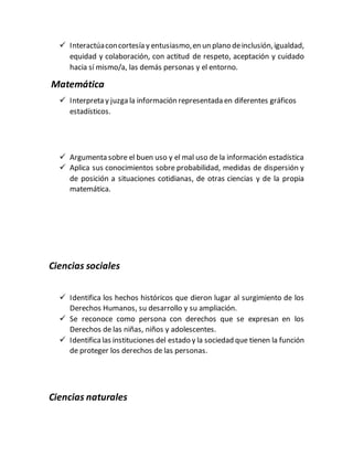  Interactúaconcortesía y entusiasmo,en un plano deinclusión,igualdad,
equidad y colaboración, con actitud de respeto, aceptación y cuidado
hacia sí mismo/a, las demás personas y el entorno.
Matemática
 Interpreta y juzga la información representada en diferentes gráficos
estadísticos.
 Argumenta sobre el buen uso y el mal uso de la información estadística
 Aplica sus conocimientos sobre probabilidad, medidas de dispersión y
de posición a situaciones cotidianas, de otras ciencias y de la propia
matemática.
Ciencias sociales
 Identifica los hechos históricos que dieron lugar al surgimiento de los
Derechos Humanos, su desarrollo y su ampliación.
 Se reconoce como persona con derechos que se expresan en los
Derechos de las niñas, niños y adolescentes.
 Identificalas instituciones del estado y la sociedad que tienen la función
de proteger los derechos de las personas.
Ciencias naturales
 