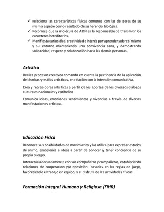  Relaciona las características físicas comunes con las de seres de su
misma especie como resultado de su herencia biológica.
 Reconoce que la molécula de ADN es la responsable de transmitir los
caracteres hereditarios.
 Manifiesta curiosidad,creatividade interés poraprendersobresímismo
y su entorno manteniendo una convivencia sana, y demostrando
solidaridad, respeto y colaboración hacia las demás personas.
Artística
Realiza procesos creativos tomando en cuenta la pertinencia de la aplicación
de técnicas y estilos artísticos, en relación con la intención comunicativa.
Crea y recrea obras artísticas a partir de los aportes de los diversos diálogos
culturales nacionales y caribeños.
Comunica ideas, emociones sentimientos y vivencias a través de diversas
manifestaciones artística.
Educación Física
Reconoce sus posibilidades de movimiento y las utiliza para expresar estados
de ánimo, emociones e ideas a partir de conocer y tener conciencia de su
propio cuerpo.
Interactúa adecuadamente con sus compañeros y compañeras, estableciendo
relaciones de cooperación y/o oposición basadas en las reglas de juego,
favoreciendo el trabajo en equipo, y el disfrute de las actividades físicas.
Formación Integral Humana y Religiosa (FIHR)
 