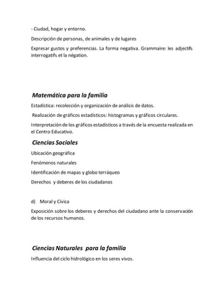 - Ciudad, hogar y entorno.
Descripción de personas, de animales y de lugares
Expresar gustos y preferencias. La forma negativa. Grammaire: les adjectifs
interrogatifs et la négation.
Matemática para la familia
Estadística: recolección y organización de análisis de datos.
Realización de gráficos estadísticos: histogramas y gráficos circulares.
Interpretación de los gráficos estadísticos a través de la encuesta realizada en
el Centro Educativo.
Ciencias Sociales
Ubicación geográfica
Fenómenos naturales
Identificación de mapas y globo terráqueo
Derechos y deberes de los ciudadanos
d) Moral y Cívica
Exposición sobre los deberes y derechos del ciudadano ante la conservación
de los recursos humanos.
Ciencias Naturales para la familia
Influencia del ciclo hidrológico en los seres vivos.
 