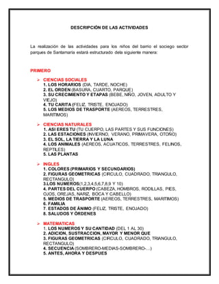 DESCRIPCIÓN DE LAS ACTIVIDADES
La realización de las actividades para los niños del barrio el sociego sector
parques de Santamaría estará estructurado dela siguiente manera:
PRIMERO
 CIENCIAS SOCIALES
1. LOS HORARIOS (DIA, TARDE, NOCHE)
2. EL ORDEN (BASURA, CUARTO, PARQUE)
3. SU CRECIMIENTO Y ETAPAS (BEBE, NIÑO, JOVEN, ADULTO Y
VIEJO)
4. TU CARITA (FELIZ, TRISTE, ENOJADO)
5. LOS MEDIOS DE TRASPORTE (AEREOS, TERRESTRES,
MARITIMOS)
 CIENCIAS NATURALES
1. ASI ERES TU (TU CUERPO, LAS PARTES Y SUS FUNCIONES)
2. LAS ESTACIONES (INVIERNO, VERANO, PRIMAVERA, OTOÑO)
3. EL SOL, LA TIERRA Y LA LUNA
4. LOS ANIMALES (AEREOS, ACUATICOS, TERRESTRES, FELINOS,
REPTILES)
5. LAS PLANTAS
 INGLES
1. COLORES (PRIMARIOS Y SECUNDARIOS)
2. FIGURAS GEOMETRICAS (CIRCULO, CUADRADO, TRIANGULO,
RECTANGULO)
3.LOS NUMEROS(1,2,3,4,5,6,7,8,9 Y 10)
4. PARTES DEL CUERPO (CABEZA, HOMBROS, RODILLAS, PIES,
OJOS, OREJAS, NARIZ, BOCA Y CABELLO)
5. MEDIOS DE TRASPORTE (AEREOS, TERRESTRES, MARITIMOS)
6. FAMILIA
7. ESTADOS DE ÁNIMO (FELIZ, TRISTE, ENOJADO)
8. SALUDOS Y ÓRDENES
 MATEMATICAS
1. LOS NUMEROS Y SU CANTIDAD (DEL 1 AL 30)
2. ADICION, SUSTRACCION, MAYOR Y MENOR QUE
3. FIGURAS GEOMETRICAS (CIRCULO, CUADRADO, TRIANGULO,
RECTANGULO)
4. SECUENCIA (SOMBRERO-MEDIAS-SOMBRERO-…)
5. ANTES, AHORA Y DESPUES
 