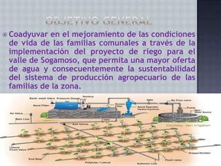  Coadyuvar

en el mejoramiento de las condiciones
de vida de las familias comunales a través de la
implementación del proyecto de riego para el
valle de Sogamoso, que permita una mayor oferta
de agua y consecuentemente la sustentabilidad
del sistema de producción agropecuario de las
familias de la zona.

 