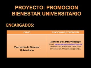 CARGO FUNCIONARIO/CONTRATISTA
Vicerrector de Bienestar
Universitario
Jaime H. De Santis Villadiego
E-mail: bienestar@mail.uniatlantico.edu.co
Teléfonos: PBX 3197010 Ext. 1054 -1055
Dirección: Km. 7 Vía a Puerto Colombia.
 