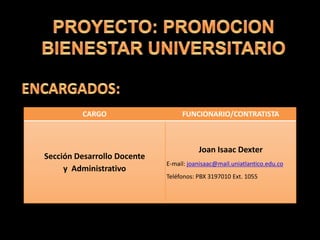 CARGO FUNCIONARIO/CONTRATISTA
Sección Desarrollo Docente
y Administrativo
Joan Isaac Dexter
E-mail: joanisaac@mail.uniatlantico.edu.co
Teléfonos: PBX 3197010 Ext. 1055
 