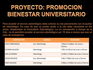 Para acceder al servicio odontológico debe solicitar su cita previamente con el auxiliar
de odontología. En caso de que no pueda asistir a la cita debe cancelarla un día
antes, dirigiéndose al Consultorio Odontológico. La no cancelación a tiempo de la
Cita, no le permitirá acceder al servicio odontológico por 15 días a menos que sea un
caso de emergencia.
CONTACTOS CARGO HORARIO
LEDIS TORREGROSA Aux. Odontología 7:00am A 3:00pm de Lunes a
Viernes
RICARDO SALAZAR Odontólogo 7:00 a 11:00 am de Lunes a Viernes
ADA LÍA RAMOS Odontóloga 12:00m a 3:00pm de Lunes a Viernes
JAVIER PACHECO Aux. Odontología 3:00 a 7:00pm de Lunes a Viernes
RUBY GALLEGO Odontóloga 3:00pm a 9:00pm de Lunes a Viernes
 