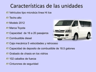 Características de las unidades
Vehículos tipo microbús línea Hi Ice
Techo alto
Modelo 2012
Marca Toyota
Capacidad de 16 a 20 pasajeros
Combustible diesel
Caja mecánica 5 velocidades y retroceso
Capacidad de deposito de combustible de 18.5 galones
Grabado de chasis en los vidrios
102 caballos de fuerza
Cinturones de seguridad
 