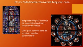 http://edadmediatransversal.blogspot.com/
Blog diseñado para consulta
de materiales teóricos y
visionado de videos
Links para conocer obra de
artistas y ampliar
conocimiento
 