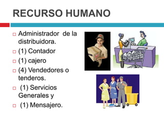 RECURSO HUMANO
   Administrador de la
    distribuidora.
   (1) Contador
   (1) cajero
   (4) Vendedores o
    tenderos.
    (1) Servicios
    Generales y
    (1) Mensajero.
 