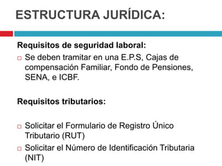 ESTRUCTURA JURÍDICA:

Requisitos de seguridad laboral:
 Se deben tramitar en una E.P.S, Cajas de
  compensación Familiar, Fondo de Pensiones,
  SENA, e ICBF.

Requisitos tributarios:

   Solicitar el Formulario de Registro Único
    Tributario (RUT)
   Solicitar el Número de Identificación Tributaria
    (NIT)
 