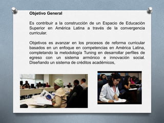 Objetivo General
Es contribuir a la construcción de un Espacio de Educación
Superior en América Latina a través de la convergencia
curricular.
Objetivos es avanzar en los procesos de reforma curricular
basados en un enfoque en competencias en América Latina,
completando la metodología Tuning en desarrollar perfiles de
egreso con un sistema armónico e innovación social.
Diseñando un sistema de créditos académicos,