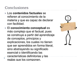 Conclusiones
 Los contenidos factuales se
refieren al conocimiento de la
materia y que es capaz de declarar
con facilidad.
 El conocimiento conceptual es
más complejo que el factual, pues
se construye a partir del aprendizaje
de conceptos, principios y
explicaciones, los cuales no tienen
que ser aprendidos en forma literal,
sino abstrayendo su significado
esencial o identificando las
características definitorias y las
reglas que los componen.
 