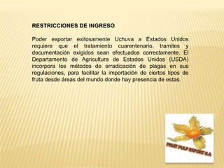 RESTRICCIONES DE INGRESO Poder exportar exitosamente Uchuva a Estados Unidos requiere que el tratamiento cuarentenario, tramites y documentación exigidos sean efectuados correctamente. El  Departamento de Agricultura de Estados Unidos (USDA) incorpora los métodos de erradicación de plagas en sus regulaciones, para facilitar la importación de ciertos tipos de fruta desde áreas del mundo donde hay presencia de estas.FRUIT PULP EXPORT S.A