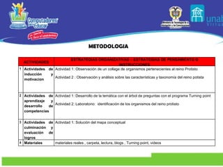 METODOLOGIA  ACTIVIDADES ESTRATEGIAS ORGANIZATIVAS – ESTRATEGIAS DE PENSAMIENTO O INSTRUCCIONES 1 Actividades de inducción y motivacion Actividad 1: Observación de un collage de organismos pertenecientes al reino Protisto Actividad 2 : Observación y análisis sobre las características y taxonomía del reino potista 2 Actividades de aprendizaje y desarrollo de competencias Actividad 1: Desarrollo de la temática con el árbol de preguntas con el programa Turning point Actividad 2: Laboratorio:  identificación de los organismos del reino protisto 3 Actividades de culminación y evaluación de logros Actividad 1: Solución del mapa conceptual 4 Materiales materiales reales , carpeta, lectura, blogs , Turning point, videos 