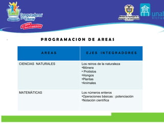 . P R O G R A M A C I O N  D E  A R E A S A R E A S E J E S  I N T E G R A D O R E S CIENCIAS  NATURALES Los reinos de la naturaleza Mónera Protistos Hongos Plantas Animales MATEMÁTICAS Los números enteros Operaciones básicas : potenciación Notación científica 