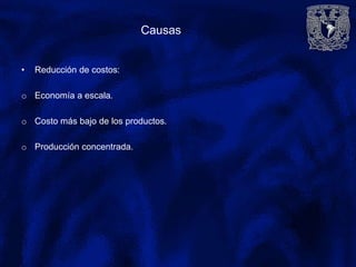 Causas
• Reducción de costos:
o Economía a escala.
o Costo más bajo de los productos.
o Producción concentrada.
 