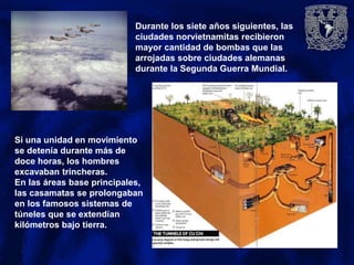 Si una unidad en movimiento
se detenía durante más de
doce horas, los hombres
excavaban trincheras.
En las áreas base principales,
las casamatas se prolongaban
en los famosos sistemas de
túneles que se extendían
kilómetros bajo tierra.
Durante los siete años siguientes, las
ciudades norvietnamitas recibieron
mayor cantidad de bombas que las
arrojadas sobre ciudades alemanas
durante la Segunda Guerra Mundial.
 