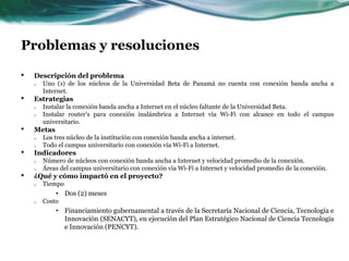 Problemas y resolucionesDescripción del problemaUno (1) de los núcleos de la Universidad Beta de Panamá no cuenta con conexión banda ancha a Internet.EstrategiasInstalar la conexión banda ancha a Internet en el núcleo faltante de la Universidad Beta.Instalar router’s para conexión inalámbrica a Internet vía Wi-Fi con alcance en todo el campus universitario.MetasLos tres núcleo de la institución con conexión banda ancha a internet.Todo el campus universitario con conexión vía Wi-Fi a Internet.IndicadoresNúmero de núcleos con conexión banda ancha a Internet y velocidad promedio de la conexión.Áreas del campus universitario con conexión vía Wi-Fi a Internet y velocidad promedio de la conexión.¿Qué y cómo impactó en el proyecto?TiempoDos (2) mesesCostoFinanciamiento gubernamental a través de la Secretaría Nacional de Ciencia, Tecnología e Innovación (SENACYT), en ejecución del Plan Estratégico Nacional de Ciencia Tecnología e Innovación (PENCYT).