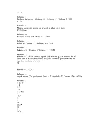 3,81%
Columna 8
Pendiente del terreno = (Columna 32 – Columna 33) / Columna 3 * 100 =
4,15%
Columna 9
Material y diámetro nominal de la tubería a utilizar en el tramo
PVC 250mm
Columna 10
Diámetro interior de la tubería = 227,30mm
Columna 11
Calado γ = Columna 13 * Columna 10 = 129,6
Columna 12
Relación q/Q = Columna 6 / Columna 18 = 0,621
Columna 13
Relación γ/D = Valor obtenido a partir de la relación q/Q, en apartado 3.1.3.2
de la Tabla 3.10: relaciones calado velocidad y caudales para coeficiente de
rugosidad constante y variable
91
Relación γ/D = 0,57
Columna 14
Angulo central (Tub parcialmente llena) = 2 * cos-1 (1 – 2 * Columna 13) = 3,42 Rad
Columna 15
Co 1
l 4
Col
Col
−
Col
2
14
10 2 *
11
* Co 1
 