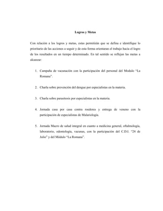Logros y Metas
Con relación a los logros y metas, estas permitirán que se defina e identifique lo
prioritario de las acciones a seguir y de esta forma orientaran el trabajo hacia el logro
de los resultados en un tiempo determinado. En tal sentido se reflejan las metas a
alcanzar:
1. Campaña de vacunación con la participación del personal del Modulo “La
Romana”.
2. Charla sobre prevención del dengue por especialistas en la materia.
3. Charla sobre parasitosis por especialistas en la materia.
4. Jornada casa por casa contra roedores y entrega de veneno con la
participación de especialistas de Malariología.
5. Jornada Macro de salud integral en cuanto a medicina general, oftalmología,
laboratorio, odontología, vacunas, con la participación del C.D.I. “24 de
Julio” y del Módulo “La Romana”.
 
