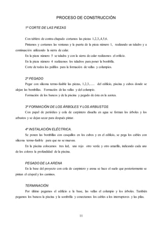 11
PROCESO DE CONSTRUCCIÓN
1º CORTE DE LAS PIEZAS
Con tablero de contra-chapado cortamos las piezas 1,2,3,,4,5,6.
Pintamos y cortamos las ventanas y la puerta de la pieza número 1, realizando un taladro y a
continuación utilizando la sierra de calar.
En la pieza número 5 se taladra y con la sierra de calar realizamos el orificio.
En la pieza número 4 realizamos los taladros para poner la bombilla.
Corte de todos los palillos para la formación de vallas y columpios.
2º PEGADO
Pegar con silicona termo-fusible las piezas, 1,2,3,...... del edificio, piscina y cubos donde se
alejan las bombillas. Formación de las vallas y del columpio.
Formación de los bancos y de la piscina y pegado de ésta en la azotea.
3º FORMACIÓN DE LOS ÁRBOLES Y LOS ARBUSTOS
Con papel de periódico y cola de carpintero disuelta en agua se forman los árboles y los
arbustos y se dejan secar para después pintar.
4º INSTALACIÓN ELÉCTRICA.
Se ponen las bombillas con casquillos en los cubos y en el edificio, se pega los cables con
silicona termo-fusible para que no se muevan.
En la piscina colocamos tres led, uno rojo otro verde y otro amarillo, indicando cada uno
de los colores la profundidad de la piscina.
PEGADO DE LA ARENA
En la base del proyecto con cola de carpintero y arena se hace el suelo que posteriormente se
pintan el césped y los caminos.
TERMINACIÓN
Por último pegamos el edificio a la base, las vallas el columpio y los árboles. También
pegamos los bancos la piscina y la sombrilla y conectamos los cables a los interruptores y las pilas.
 