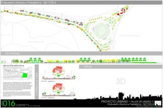 Propuesta Urbana y Paisajistica - SECTOR 4
A

AVENID

A LIBE

BUS

RTADO
R
B

A
S
BU

AVENID

A LIBE

RTADO
R

BUS

B

CENTRO COMERCIAL CIUDAD TRINITARIAS

PARQUE JOSE MARIA OCHOA PILE

FACHADAS

Avenida Libertador - Av. Bracamonte con Av. Leones

UBICACIÓN ESPECIFICA

Avenida Libertador entre Av. Bracamonte y la Av. Los Leones
Con la propuesta se buscar crear y desarrollar espacios de carácter recreativo, deportivo, de esparcimiento,
permitiendo la combinación de usos y no la disgregación de los mismos, como los que tenemos: carácter
residencial unifamiliar, residencial multifamiliar, comercial, asistencial, institucional y deportivo en sus
diferentes escalas. A su vez se busca estimular en el borde urbano usos que estimulen la movilidad peatonal con
ejes estructurantes de plazas, parques, jardines, espejos de agua, texturas de piso, caminerias arborizadas,
exposición de arte, señaletica, trazado vehicular y peatonal, pasos para minusválidos, implementación de
mobiliario urbano y equipamiento urbano, arbustos para delimitar espacio, vegetación alta (palmas), áreas
para el estudio, recreación y deportivas para darle vida al borde urbano.
Esto es con el fin de sanear ambientalmente las áreas y a la vez proporcionar a los ocupantes un espacio
publico agradable que los invite a su disfrute, a su vez consolidar un eje conectivo entre todos los usos
que allí existen y una integración visual; dando soluciones a las necesidades básicas, evitar la movilización
innecesaria de la población ya que en este corredor urbano propicia el desarrollo de un conjunto armónico
dentro de la estructura urbana.

LÁMINA

016

CORTES A-A Y B-B

VISTAS

SECTO N° 1 - Sección A-A

3D

SECTO N° 1 - Sección B-B

PROYECTO URBANO - TALLER DE DISEÑO 7
T.S.U CESAR MEDINA RUIZ
T.S.U YORYVICT DIAZ

TUTOR: Arq.Zhedily Guedez

Propuesta Urbana y Paisajistica - SECTOR 4
ESCUELA DE ARQUITECTURA

INSTITUTO UNIVERSITARIO POLITÉCNICO

SANTIAGO MARIÑO

EXTENSIÓN BARINAS

 