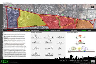 PLANO GENERAL
A

Av. Vargas

C

Av. Lib

ertado
r

,
B

Av. Libertador,

Av.Andres Bello

A

Av. Libert
ador,

SECTOR N°1

Av. Libert

SECTOR N°2

Av

ador,

Función: Su función principal es la de conectar es los habitantes del a zona Oeste con lo de zona Este. Se utilizan
también para resolver la movilidad interna de las zonas.

TRAMA VIAL COLECTORA

camon

ter,

TRAMA VIAL LOCAL PRINCIPAL

PASEO PEATONAL

SECCIONES VIALES EXISTENTES
.

SECTOR N°4

CICLOVIA

SECCIONES VIALES PROPUESTA
.

SECTOR 1: AV. LIBERTADOR ENTRE NODO CONCORDIA - AV. MORAN

SECTOR 2: AV. LIBERTADOR ENTRE AV. MORAN Y FUNDACION MENDOZA

Usos: Uso exclusivo de vehículos, trasporte públicos, peatones y ciclistas, en espacios separados (andador
peatonal y ciclovia)
5.00

Dimensiones: Ancho total del eje de la Avenida Libertador: 9,50 mts. Andador peatonal: 1 mts a 3 mts de ancho
(Dependiendo el Sector) + Ciclovia unilateral de 1,30 mts.

3.00

3.00

3.00

1.21

3.00

3.00

3.00

1.80

26.00

5.00

3.30

3.60

3.00

3.00

4.00

3.60

3.30

5.00

3.30

4.00

3.60

3.00

3.00

4.00

3.60

3.30

4.00

SECCION ¨A¨

AV. BRACAMONTE
33.80

31.80

AV. LIBERTADOR AL NIVEL
NODO CONCORDIA

AV. LIBERTADOR AL NIVEL AV. MORAN

Disposición: La posición del andador peatonal respecto al ciclista deberá ubicarse como se crean convenientes
en cada sector, teniendo en cuenta el orden general del
resto de los andadores y la conexión con la Av. Libertador como eje central y andadores existentes.
Criterio para diseño: Cuando su función es la de conectar por medio del eje central la densidad de población
del la zona Oeste con el Este de la ciudad, su trama vial se mantendrán Arterial, su única modificación será la
utilización de unos de los canales la cual será exclusivo para el transporte pubico, evitando encuentros
perpendiculares con los otros canales, de forma que sea el trayecto más directo entre el eje central y el acceso
al equipamiento, plaza, zona residencial, etc. Siempre se tendrá en cuanta la conexión con la red de andadores del
entorno en el que se ubiquen, y con los de las unidades de actuación adjuntas. Se garantizará siempre la continuidad
del andador peatonal y la ciclovia entre el eje central y los andadores secundarios, conectando tanto los andadores
como la banda de mobiliario urbano, que en los puntos de conexión permitirá los pasos e intercambios de los usuarios.
Criterio constructivo: Se definen en la documentación grafica presentada. Tanto el andador peatonal como la
ciclovia, se ejecutan con un mismo pavimento prefabricado. El pavimento de la ciclovia debe ser continuo con juntas
sin bisel, y canto vivo, de forma que sea cómodo para el uso de bicicletas. Se confinara los bordes con pletinas en
L de acero galvanizado de 6 mm. tomadas con hormigón. El pavimento superficial se colocará sobre una capa de
zahorra natural compactada de 20 cm., una solera de 15 cm. y se recibirá con mortero o arena (5 cm. de espesor). En
las vías peatonales el material será cerámico, con baldosas de varios formatos de acuerdo al caso. y tendrá en su
superficie un catalizador que realice una reacción química denominada fotocatálisis, (un proceso de oxidación natural
parecido a la fotosíntesis de las plantas, que trasforma el agua y el gas carbónico en oxigeno gracias a la acción de la
luz solar y de un catalizador natural llamado clorofila) que permitirá degradar los óxidos nitrosos, los hidrocarburos,
y otros contaminantes volátiles, transformándolos en nitratos y sales minerales totalmente inocuos a la salud humana
y beneficiosos para los vegetales y plantas. Este tipo de pavimentos lo desarrolla la empresa Pavimentos de Tudela, y
este pavimento se llama ECOGRANIC. Se debe utilizar este material o similar. La red secundaria supone también una
importante superficie para tener en cuenta en la absorción de gases contaminantes.

003

LÁMINA

s
Av.Los Abogado

Av. Bra

Av. Vargas
Configuración de la red de paseos peatonales y ciclistas de apoyo a la Av. Libertador como eje central de la “Calle Verde”.

27,
rera
car

s
rera
Cont

REFERENCIA: VIAL ARTERIAL
TRAMA

Av.L.

T R A M A V I A L , R U TA P E AT O N A L Y C I C L O V I A

r án
.M o

REFERENCIA
.

SECTOR N°3

B

3.50

3.00

3.00

3.00

3.00

0.81

3.00

5.00

2.40

2.40

2.30

3.00

3.00

26.70

2.00

3.00

3.00

3.00

21.70

5.00

3.00

3.00

3.00

1.21

3.00

3.00

3.00

3.20

NODO CONCORDIA NORTE

NODO CONCORDIA SUR

27.40

SECCION ¨B¨

AV. LA FERIA

1.80

3.00

3.00

1.80

0.00

9.60
2.30

3.00

2.40

3.00

2.00

3.00

3.00

2.30

2.20

3.00

3.00

8.00

20.90

3.00

3.00

3.00

LOPEZ CONTRERAS

25.30

NODO CONCORDIA NORTE

NODO CONCORDIA NORTE

SECTOR 3: AV. LIBERTADOR ENTRE LA AV. LOPEZ CONTRERAS - AV. BRACAMONTE

SECTOR 4: AV. LIBERTADOR ENTRE AV. BRACAMONTE - AV. LOS LEONES

SECCION ¨C¨

1.80

3.00

3.00

1.80

0.00

9.60

2.40

2.50

3.60

3.00

4.00

3.00

3.60

2.50

2.40

2.40

2.50

3.60

3.00

4.00

3.00

3.60

2.50

2.40

BARARIDA
27.00

27.00

AV. LIBERTADOR AL NIVEL
LOPEZ CONTRERAS

AV. LIBERTADOR AL NIVEL
AV. BRACAMONTE

PROYECTO URBANO - TALLER DE DISEÑO 7
T.S.U CESAR MEDINA RUIZ
T.S.U YORYVICT DIAZ

P R O P U E S TA T R A M A V I A L
TUTOR: Arq.Zhedily Guedez

ESCUELA DE ARQUITECTURA

INSTITUTO UNIVERSITARIO POLITÉCNICO

SANTIAGO MARIÑO
EXTENSIÓN BARINAS

 