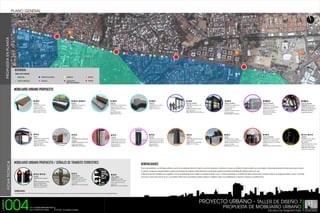 P R O P U E S TA E N P L A N TA

PLANO GENERAL

SECTOR N°1

SECTOR N°2
SECTOR N°3

REFERENCIA
MOBILIARIO URBAMO
BANQUETRAS

PARADAS DE AUTOBUSES

LUMINARIAS

KIOSCOS (COMERCIOS)

PAPELERAS

CICLOPUERTOS /
MODULO DE RESGUARDO

SECTOR N°4

BOLADOS
PARQUES

MOBILIARIO URBANO PROPUESTO

MU-MGB-02

MU-MGB-01

PARADAS DE AUTOBUSES

MODULO DE RESGUARDO

FABRICACIÓN: Acero al carbón, vidrio
(con opción policarbonato ó
lámina perforada).
ACABADO: Gavalnizado en frio, pintura
a base de agua opcional.
MEDIDAS: (700/500) x 265 x 260 cms

FABRICACIÓN: Acero al carbón,
perfiles aluminio y toldos desplegables
ACABADO: Metal gavalnizado,
pintura a base de agua opcional.
MEDIDAS: 300 x 300 x 350 cms /
Capacidad 16 bicicletas

MODULO DE RESGUARDO
FABRICACIÓN: Acero al carbón.
ACABADO: Gavalnizado en frio,
pintura a base de agua opcional.
MEDIDAS: 97 x 60 x 89 cms
( capacidad 2 bicicletas).

MU-BO-01

MU-BO-02

MU-PAR-01

MU-LU-01 / MU-PA-10

BOLADOS
FABRICACIÓN: Fundición en aluminio
ó hierro medular.
ACABADO: Pintura a base de agua.
MEDIDAS: 37 x 37 x 70 cms.

BOLADOS

ZONA DE JUEGO INFANTIL

LUMINARIAS

FABRICACIÓN: Fundición en aluminio,
acero al carbón Tubo cedula 40/3.14 mm.
ACABADO: Granallado, Gavalnizado en
frio, pintura de poliéster
MEDIDAS: Diametro 17 cms x 70 cms.

FABRICACIÓN: Acero al carbón , madera IP,
herrajes de armado y tapones plásticos.
ACABADO: Galvanizado en frio y aceite linaza
en maderas.
MEDIDAS: 800 largo x 600 ancho x 300 alto cms

FABRICACIÓN: Estructura tubular en
acero - lum. de aluminio de
30/70/100/150 w.
ACABADO: Metal gavalnizado en caliente,
pintura a base de agua opcional.
MEDIDAS: 620 / 800 cms, diametro
inferior 15 cms y superior 12 cms.

MU-BAN-01

MU-BAN-02 / MU-BAN-04

MU-BAN-05

MU-BAN-03

MU-PAR-01

BANQUETAS

BANQUETAS

BANQUETAS

BANQUETAS

PARADAS DE AUTOBUSES

FABRICACIÓN: Acero al carbón,
tope madera reciclable.
ACABADO: Gavalnizado en frio,
pintura a base de agua opcional.
MEDIDAS: (150,60) x 46 x 43 cms.

FABRICACIÓN: Concreto polimérico.
ACABADO: Golpe de arena
MEDIDAS: 120 x 58 x 42 cms.

FABRICACIÓN: Acero al carbón, concreto
polimérico, madera reciclable.
ACABADO: Gavalnizado en frio, pintura a
base de agua
opcional y Golpe de arena
MEDIDAS: 120 x 93 x 78 cms.

FABRICACIÓN: Concreto polimérico.
ACABADO: Golpe de arena
MEDIDAS: 113 x 130 x 42 cms.

FABRICACIÓN: Acero al carbón , cristal
templado 9mm.
ACABADO: Gavalnizado en frio, pintura a
base de agua opcional.
MEDIDAS: (420/280) x (180/100) x 250 cms.

MU-KC-01

MU-KC-03

MU-PA-01

MU-PA-02

KIOSCOS

KIOSCOS
FABRICACIÓN: Acero al carbón, duela
de madera.
ACABADO: Metal gavalnizado, pintura
a base de agua opcional.
MEDIDAS: 460 x 330 x 290 cms.

PAPELERAS

PAPELERAS

FABRICACIÓN: Estructura de acero con
cubiertas de lamina y cierre con llave.
ACABADO: Metal gavalnizado, pintura a
base de agua opcional.
MEDIDAS: 390 x 940 cms.

FABRICACIÓN: Estructura de acero con
cubiertas de lamina y cierre con llave.
ACABADO: Metal gavalnizado, pintura a
base de agua opcional.
MEDIDAS: 390 x 940 cms.

FICHA TECNICA

FABRICACIÓN: Acero al carbón, perfiles
aluminio y toldos desplegables.
ACABADO: Gavalnizado en frio, pintura
a base de agua opcional.
MEDIDAS: 300 x 300 x 310 cms.

MOBILIARIO URBANO PROPUESTO / SEÑALES DE TRANSITO TERRESTRES

MU-SE-01 / MU-SE-03

MU-SU-01

SEMAFORO

SEÑALES URBANAS

FABRICACIÓN: Estructura tubular en
acero.
ACABADO: Metal gavalnizado en caliente,
pintura a base de agua opcional.
MEDIDAS: 450 / 650 cms, diametro
inferior 15 cms y superior 12 cms.

FABRICACIÓN: Acero al carbón.
ACABADO: Gavalnizado en frío, pintura
a base de agua opcional y Vinil con
protección UV.
MEDIDAS: ( 90 / 45 / 25 ) x 40 x 250 cms

MU-PAR-02

GENERALIDADES

MU-SU-02
SEÑALES URBANAS

Crear el apropiamiento y uso del espacio público por parte de los ciudadanos además de requerir un correcto paisajismo o urbanismo, se requiere un mobiliario urbano de calidad, con una inteligente e intencionada colocación de todas estas piezas en escena.
Se realizara un diagrama conceptual dónde se explican las estrategias de instalación, fichas descriptivas con fotografías, aspectos funcionales del detallada del mobiliario urbano en la zona.
El objetivo de distribuir los objetos para responder a ciertas necesidades del usuario, implica la necesidad de alentar su uso y su disfrute destacando el rol simbólico del objeto. Un desarrollo sin atributos precisos, sin imaginación política, es decir, sin claridad
acerca de la "matriz de los valores de uso" y sin la debida reflexión de las necesidades que deben satisfacer el mobiliario urbano, muy probablemente no aportará un bienestar a la población local.

FABRICACIÓN: Acero al carbón.
ACABADO: Gavalnizado en frío, pintura
a base de agua opcional y Vinil con
protección UV.
MEDIDAS: ( 90 / 45 / 25 ) x 40 x 250 cms

GENERALIDADES
Los mobiliarios MU-SE-01 / MU-SE-03, MU-SE-01 Y MU-SE-03 seran ubicados de acuerdo a lo que indique la norma de tránsito terrestre de la Republica Bolivariana de Venezuela y la Norma para Equipamiento Urbano.

LÁMINA

004

PROYECTO URBANO - TALLER DE DISEÑO 7
T.S.U CESAR MEDINA RUIZ
T.S.U YORYVICT DIAZ

PROPUESTA DE MOBILIARIO URBANO
TUTOR: Arq.Zhedily Guedez

ESCUELA DE ARQUITECTURA

INSTITUTO UNIVERSITARIO POLITÉCNICO

SANTIAGO MARIÑO
EXTENSIÓN BARINAS

 
