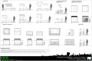 01.BANQUETAS

02.MODULO DE RESGUARDO
PARA BICICLETAS

ECS:1/50

0,5

ECS:1/25

4

1,48

ECS:1/50

1,14

EJEMPLO DE CONFIGURACIÓN DE ACOMODO

0,96
0,66

0,58

0,65

1,21

03.MODULO DE RESGUALDO
PARA BICICLETAS (KIOSCOS)

1

2,84

2

1

2,84

2

A

VISTA SUPERIOR

VISTA SUPERIOR

0,65

0,54

VISTA SUPERIOR

VISTA LATERAL

VISTA PRINCIPAL

MU-BAN-02

0,34

0,43

0,42
VISTA PRINCIPAL

MU-BAN-01

1,08
2,84

1,24

2,84

VISTA SUPERIOR

A

VISTA LATERAL

VISTA PRINCIPAL

MU-BAN-03

VISTA LATERAL

B

B

VISTA SUPERIOR

1,19
1,21

VISTA LATERAL

1,21

VISTA SUPERIOR

VISTA LATERAL

0,26

VISTA SUPERIOR

3,03

0,09

0,43

0,43

0,95

1,16

0,43

0,43

0,79

0,86

2,51

VISTA SUPERIOR

3,03

0,91

0,64

1,2

VISTA PRINCIPAL
VISTA PRINCIPAL

MU-BAN-04

VISTA LATERAL

VISTA PRINCIPAL

MU-BAN-05

VISTA LATERAL

VISTA PRINCIPAL

MU-BAN-06

VISTA LATERAL

MU-MGB-01

VISTA PRINCIPAL

VISTA LATERAL

VISTA LATERAL

MU-MGB-02

04.KIOSCOS COMERCIALES

05.PAPELERAS

ECS:1/50

ECS:1/25

5,47

2

2,84

1

2,84

2

1

3,91

2

A

A

0,39

A

2,84

2
A

B

0,8

B

1,66

1,66

2,51
2,79

A

0,95

1

2,27

2

2,84

VISTA SUPERIOR

3,4

1

2,84

2,84

VISTA SUPERIOR

0,39

1

B

VISTA SUPERIOR

VISTA DISTRIBUCIÓN

B

B

VISTA PRINCIPAL

VISTA SUPERIOR

VISTA SUPERIOR

VISTA LATERAL

VISTA PRINCIPAL

MU-PA-01

3,03

VISTA LATERAL

MU-KC-01

VISTA PRINCIPAL

MU-KC-02

VISTA LATERAL

VISTA PRINCIPAL

MU-KC-03

0,95

0,8
VISTA PRINCIPAL

VISTA SUPERIOR

2,51

2,51

3,03

VISTA SUPERIOR

0,39

0,39

VISTA DISTRIBUCIÓN

VISTA PRINCIPAL
VISTA PRINCIPAL

VISTA PRINCIPAL

MU-PA-02

GENERALIDADES
Crear el apropiamiento y uso del espacio público por parte de los ciudadanos además de requerir un correcto paisajismo o urbanismo, se requiere un mobiliario urbano de calidad, con una inteligente e
intencionada colocación de todas estas piezas en escena.
Se realizara un diagrama conceptual dónde se explican las estrategias de instalación, fichas descriptivas con fotografías, aspectos funcionales del detallada del mobiliario urbano en la zona.
El objetivo de distribuir los objetos para responder a ciertas necesidades del usuario, implica la necesidad de alentar su uso y su disfrute destacando el rol simbólico del objeto. Un desarrollo sin atributos precisos,
sin imaginación política, es decir, sin claridad
acerca de la "matriz de los valores de uso" y sin la debida reflexión de las necesidades que deben satisfacer el mobiliario urbano, muy probablemente no aportará un bienestar a la población local.

LÁMINA

005

PROYECTO URBANO - TALLER DE DISEÑO 7
T.S.U CESAR MEDINA RUIZ
T.S.U YORYVICT DIAZ

TUTOR: Arq.Zhedily Guedez

MOBILIARIO URBANO / MB-01
ESCUELA DE ARQUITECTURA

INSTITUTO UNIVERSITARIO POLITÉCNICO

SANTIAGO MARIÑO
EXTENSIÓN BARINAS

 