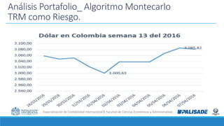 Especialización de Contabilidad Internacional I Facultad de Ciencias Económicas y Administrativas
Análisis Portafolio_ Algoritmo Montecarlo
TRM como Riesgo.
 