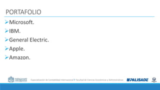 Especialización de Contabilidad Internacional I Facultad de Ciencias Económicas y Administrativas
PORTAFOLIO
Microsoft.
IBM.
General Electric.
Apple.
Amazon.
 