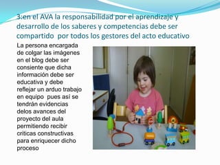 3:en el AVA la responsabilidad por el aprendizaje y
desarrollo de los saberes y competencias debe ser
compartido por todos los gestores del acto educativo
La persona encargada
de colgar las imágenes
en el blog debe ser
consiente que dicha
información debe ser
educativa y debe
reflejar un arduo trabajo
en equipo pues así se
tendrán evidencias
delos avances del
proyecto del aula
permitiendo recibir
criticas constructivas
para enriquecer dicho
proceso
 
