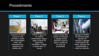Procedimiento
Examina el agua
sucia en una
probeta y anota
sus propiedades:
color, olor
transparencia,
presencia de
solidos etc…
Paso 1
Vierte el agua en
un matraz
Erlenmeyer, tapa y
agita durante 30
segundos,
transfiere l matraz
y repite esto 10
veces
Paso 2
Coloca papel filtro
sobre un embudo
y agrega arena
después vacia el
agua y recibe en
un vaso de
precipitado
Paso 3
Agrega el sulifato
de aluminio deja
reposar 20
minutos y agrega
el hipoclorito de
sodio, obsreva las
propiedades y
mide su volumen
Paso 4
 