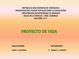 REPÙBLICA BOLIVARIANA DE VENEZUELA
MINISTERIO DEL PODER POPULAR PARA LA EDUCACIÒN
UNIVERSIDAD BICENTENARIA DE ARAGUA
VALLE DE LA PASCUA – EDO. GUÀRICO
SECCIÒN “P 1”
FACILITADOR: INTEGRANTE:
 MARIA V. LOZADAJUAN V. GALINDO
 