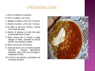 PREPARACIÓN:1.-Picar la cebolla en cuadritos2.-Freir la cebolla  con el ajo3.-Agregar la Albaca y freír por 2 minutos4.-Hechar el achote  y freír por 1 minuto5.-El pollo se pica por presas y cocine con 5 tazas de agua6.-Hechar al aderezo el caldo del pollo aproximadamente 5 tazas.7.-Dejar cocinar por 3 minutos y luego agregar el fideo, roseando el perejil picado y la zanahoria rayada.8.-Dejar cocinar por 10 minutos9.-Antes de servir, con un tenedor grande (trinche)  remover ligeramente (granear), para evitar que se pegue o compacte el fideo.10.-Al servir una porción, acompañar con una presa de pollo.