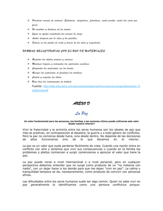    Practicar normas de cortesía: Saludarse, despedirse, felicitarse, pedir perdón, pedir las cosas por
        favor.
       No insultar ni burlarse de los demás.
       Jugar en equipo respetando las normas de juego.
       Andar despacio por la clase y los pasillos.
       Fijarse en los puntos de vista y deseos de los otros y respetarlos.


NORMAS RELACIONADAS CON EL USO DE MATERIALES

       Respetar los objetos propios y comunes .
       Mantener limpios y ordenados los materiales escolares .
       Compartir los materiales con los demás .
       Recoger los materiales al finalizar los trabajos .
       Cuidar y respetar los libros
       Usar bien los instrumentos de trabajo
        Fuente: http://web.educastur.princast.es/eoep/eeaovied/recursos/recursosprofesores/ei_H
        abilSocial.pdf




                                                ANEXO D

                                                   La Paz
 Un valor fundamental para las personas, las familias y las naciones ¿Cómo puede cultivarse este valor
                                      desde nuestro interior?


Vivir la fraternidad y la armonía entre los seres humanos son los ideales de paz que
más se predican, en contraposición al desastre, la guerra y a todo género de conflictos.
Pero la paz no comienza desde fuera, sino desde dentro. No depende de las decisiones
de     altos   funcionarios   sino   de    lo   que    llevamos     en   el   interior.

La paz es un valor que suele perderse fácilmente de vista. Cuando una nación entra en
conflicto con otra y tenemos que vivir sus consecuencias o cuando en la familia los
problemas o pleitos comienzan a surgir comenzamos a apreciar el valor que tiene la
paz.

La paz puede verse a nivel internacional o a nivel personal, pero en cualquier
perspectiva debemos entender que no surge como producto de un "no meterse con
nadie", con un dejar hacer a los demás para que me dejen "vivir en paz". La calma y
tranquilidad tampoco se da, necesariamente, como producto de convivir con personas
afines.

Las dificultades entre los seres humanos suele ser algo común. Quien no sabe vivir en
paz generalmente lo identificamos como una persona conflictiva porque:
 