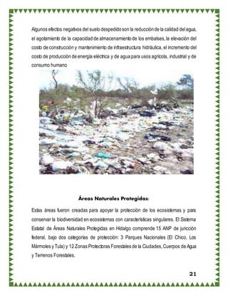 21
Algunos efectos negativos del suelo despedidoson la reducciónde la calidad delagua,
el agotamiento de la capacidad de almacenamiento de los embalses,la elevación del
costo de construcción y mantenimiento de infraestructura hidráulica, el incremento del
costo de producción de energía eléctrica y de agua para usos agrícola, industrial y de
consumo humano
Áreas Naturales Protegidas:
Estas áreas fueron creadas para apoyar la protección de los ecosistemas y para
conservar la biodiversidad en ecosistemas con características singulares. El Sistema
Estatal de Áreas Naturales Protegidas en Hidalgo comprende 15 ANP de juricciòn
federal, bajo dos categorías de protección: 3 Parques Nacionales (El Chico, Los
Mármoles y Tula) y 12 Zonas Protectoras Forestales de la Ciudades,Cuerpos de Agua
y Terrenos Forestales.
 