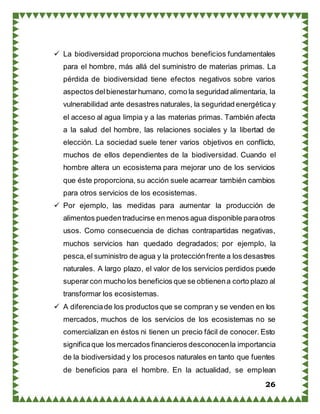 26
 La biodiversidad proporciona muchos beneficios fundamentales
para el hombre, más allá del suministro de materias primas. La
pérdida de biodiversidad tiene efectos negativos sobre varios
aspectos delbienestarhumano, como la seguridad alimentaria, la
vulnerabilidad ante desastres naturales, la seguridad energéticay
el acceso al agua limpia y a las materias primas. También afecta
a la salud del hombre, las relaciones sociales y la libertad de
elección. La sociedad suele tener varios objetivos en conflicto,
muchos de ellos dependientes de la biodiversidad. Cuando el
hombre altera un ecosistema para mejorar uno de los servicios
que éste proporciona, su acción suele acarrear también cambios
para otros servicios de los ecosistemas.
 Por ejemplo, las medidas para aumentar la producción de
alimentos puedentraducirse en menos agua disponible paraotros
usos. Como consecuencia de dichas contrapartidas negativas,
muchos servicios han quedado degradados; por ejemplo, la
pesca,el suministro de agua y la protecciónfrente a los desastres
naturales. A largo plazo, el valor de los servicios perdidos puede
superar con mucho los beneficios que se obtienena corto plazo al
transformar los ecosistemas.
 A diferenciade los productos que se compran y se venden en los
mercados, muchos de los servicios de los ecosistemas no se
comercializan en éstos ni tienen un precio fácil de conocer. Esto
significaque los mercados financieros desconocenla importancia
de la biodiversidad y los procesos naturales en tanto que fuentes
de beneficios para el hombre. En la actualidad, se emplean
 