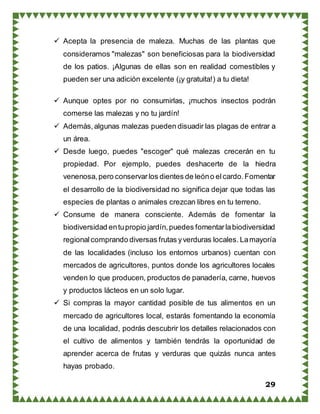 29
 Acepta la presencia de maleza. Muchas de las plantas que
consideramos "malezas" son beneficiosas para la biodiversidad
de los patios. ¡Algunas de ellas son en realidad comestibles y
pueden ser una adición excelente (¡y gratuita!) a tu dieta!
 Aunque optes por no consumirlas, ¡muchos insectos podrán
comerse las malezas y no tu jardín!
 Además,algunas malezas pueden disuadir las plagas de entrar a
un área.
 Desde luego, puedes "escoger" qué malezas crecerán en tu
propiedad. Por ejemplo, puedes deshacerte de la hiedra
venenosa,pero conservarlos dientes de leóno elcardo.Fomentar
el desarrollo de la biodiversidad no significa dejar que todas las
especies de plantas o animales crezcan libres en tu terreno.
 Consume de manera consciente. Además de fomentar la
biodiversidad entupropio jardín,puedes fomentarlabiodiversidad
regionalcomprando diversas frutas yverduras locales. Lamayoría
de las localidades (incluso los entornos urbanos) cuentan con
mercados de agricultores, puntos donde los agricultores locales
venden lo que producen, productos de panadería, carne, huevos
y productos lácteos en un solo lugar.
 Si compras la mayor cantidad posible de tus alimentos en un
mercado de agricultores local, estarás fomentando la economía
de una localidad, podrás descubrir los detalles relacionados con
el cultivo de alimentos y también tendrás la oportunidad de
aprender acerca de frutas y verduras que quizás nunca antes
hayas probado.
 