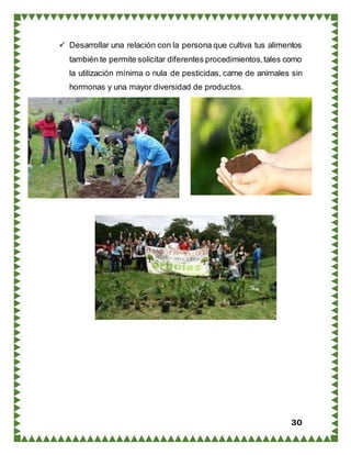 30
 Desarrollar una relación con la persona que cultiva tus alimentos
también te permite solicitar diferentes procedimientos,tales como
la utilización mínima o nula de pesticidas, carne de animales sin
hormonas y una mayor diversidad de productos.
 