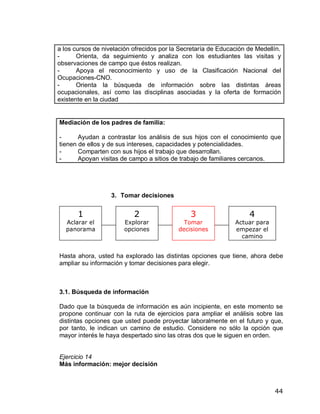a los cursos de nivelación ofrecidos por la Secretaría de Educación de Medellín.
-      Orienta, da seguimiento y analiza con los estudiantes las visitas y
observaciones de campo que éstos realizan.
-      Apoya el reconocimiento y uso de la Clasificación Nacional del
Ocupaciones-CNO.
-      Orienta la búsqueda de información sobre las distintas áreas
ocupacionales, así como las disciplinas asociadas y la oferta de formación
existente en la ciudad


Mediación de los padres de familia:

-      Ayudan a contrastar los análisis de sus hijos con el conocimiento que
tienen de ellos y de sus intereses, capacidades y potencialidades.
-      Comparten con sus hijos el trabajo que desarrollan.
-      Apoyan visitas de campo a sitios de trabajo de familiares cercanos.




                   3. Tomar decisiones


       1                   2                   3                    4
   Aclarar el          Explorar              Tomar             Actuar para
   panorama            opciones            decisiones          empezar el
                                                                 camino


Hasta ahora, usted ha explorado las distintas opciones que tiene, ahora debe
ampliar su información y tomar decisiones para elegir.



3.1. Búsqueda de información

Dado que la búsqueda de información es aún incipiente, en este momento se
propone continuar con la ruta de ejercicios para ampliar el análisis sobre las
distintas opciones que usted puede proyectar laboralmente en el futuro y que,
por tanto, le indican un camino de estudio. Considere no sólo la opción que
mayor interés le haya despertado sino las otras dos que le siguen en orden.


Ejercicio 14
Más información: mejor decisión



                                                                             44
 